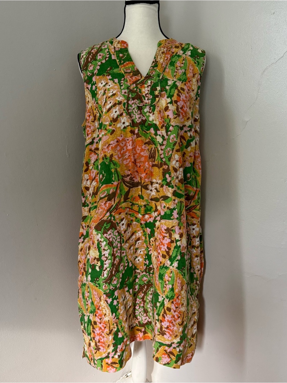 Lands End Linen Midi Shift Dress Floral Earth Tones Size 16 W
